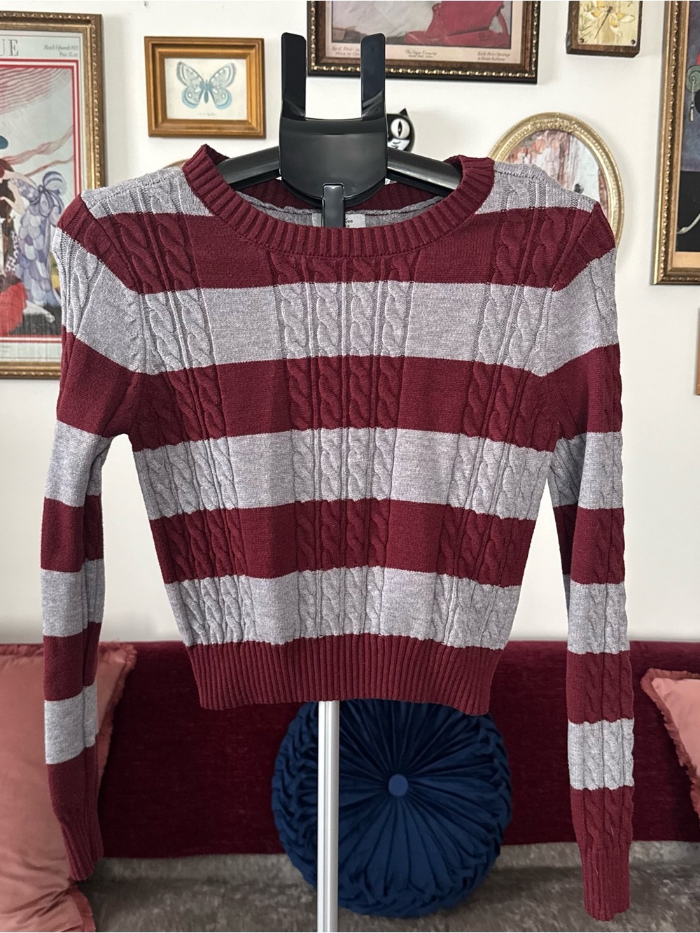 Striped Cable Knit Crewneck Sweater in Burgundy & Light Gray